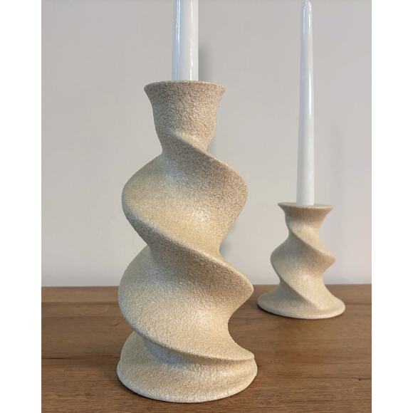 Set of 2 Modern Spiral Candle Holders Textured Beige Plastic Taper Holders - Picture 2 of 5